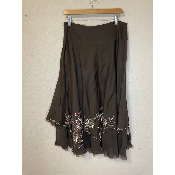 Nine West Y2K Style Cotton & Silk Brown Floral Embroidered Flutter Midi Skirt 6 - Picture 2 of 12